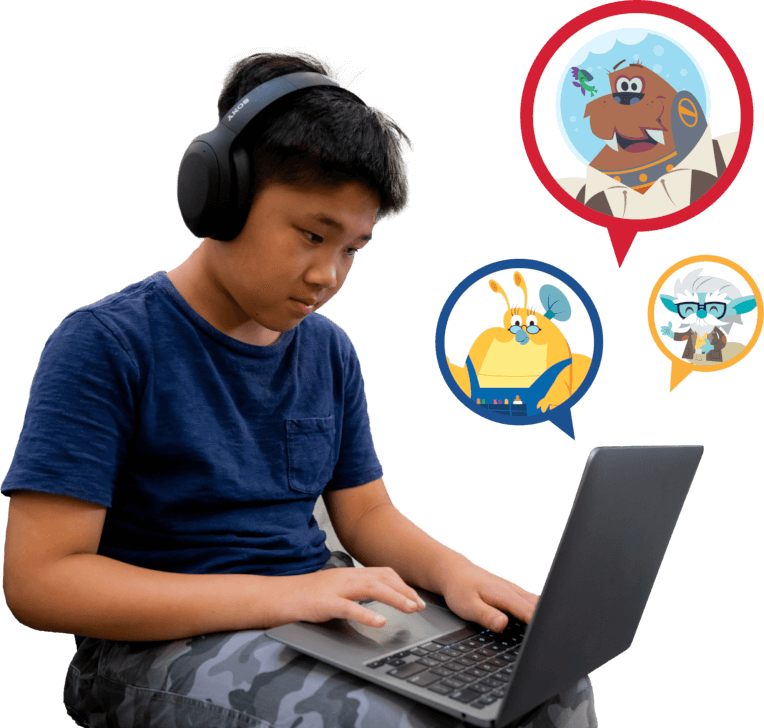 student actively engaged in a virtual classroom with beast academy characters